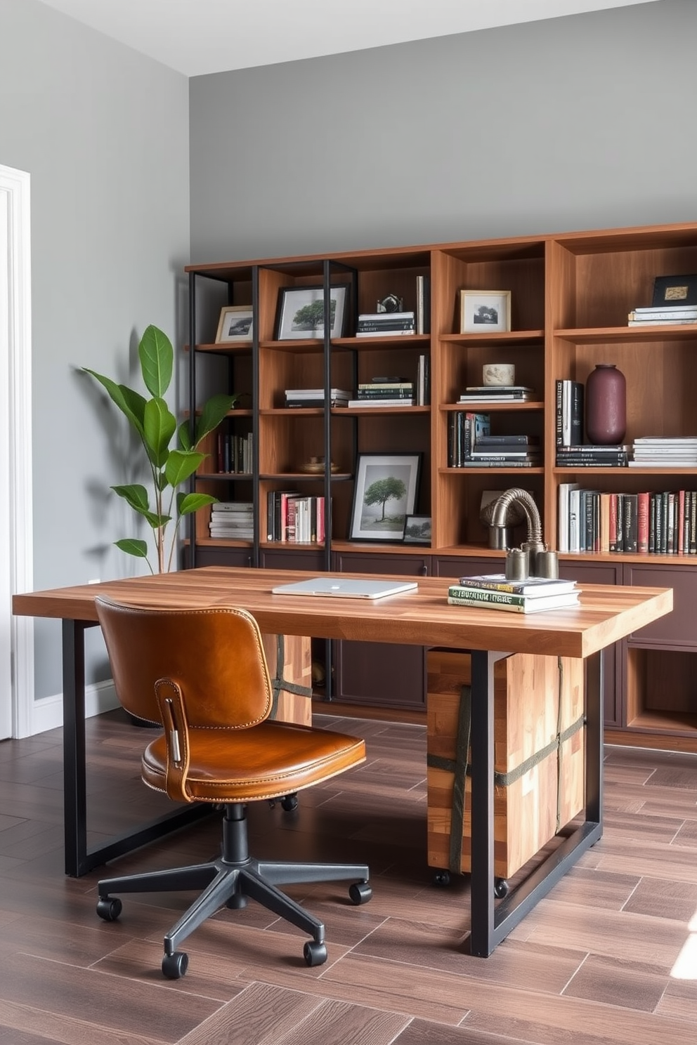 A cozy home study room with large windows allowing natural light to flood the space. The walls are painted in a soft gray, and a sleek wooden desk is positioned against one wall, complemented by a comfortable ergonomic chair. On the opposite wall, a series of framed mirrors in varying sizes reflect the light and create a sense of depth. Shelves filled with books and decorative items line the walls, while a plush area rug adds warmth to the hardwood floor.