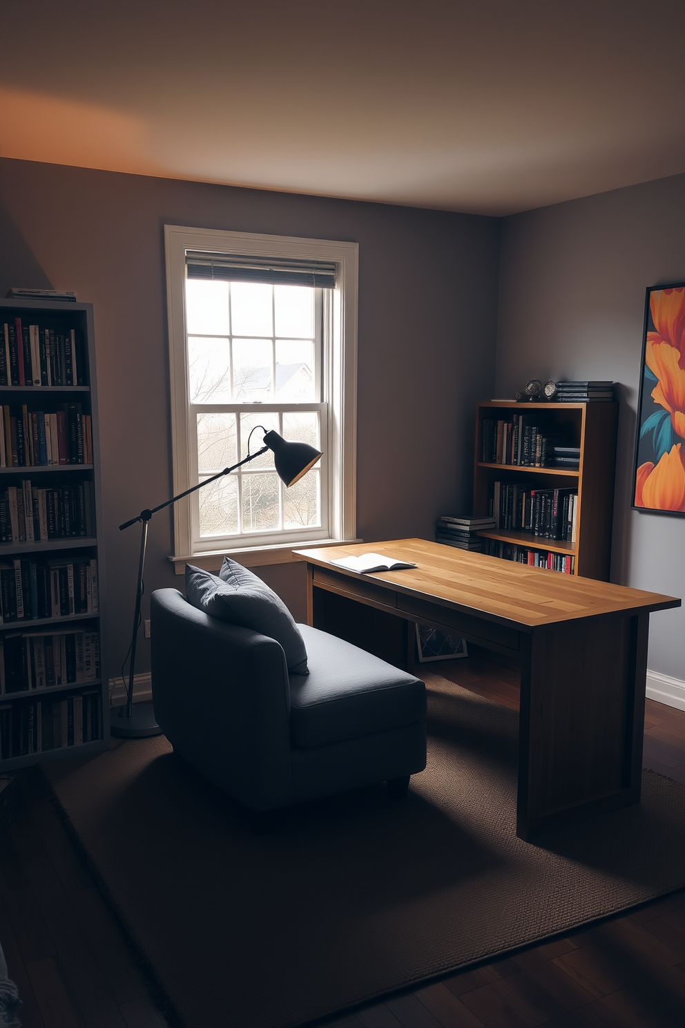 A cozy home study room featuring a small, plush sofa in a soft gray fabric positioned against the wall. The room is illuminated by a stylish desk lamp, and a large wooden desk is placed in front of a window, allowing natural light to flood the space. Bookshelves filled with neatly organized books line one side of the room, while a vibrant piece of artwork adds a pop of color to the walls. A warm area rug lies beneath the desk and sofa, creating a comfortable and inviting atmosphere for productivity and relaxation.