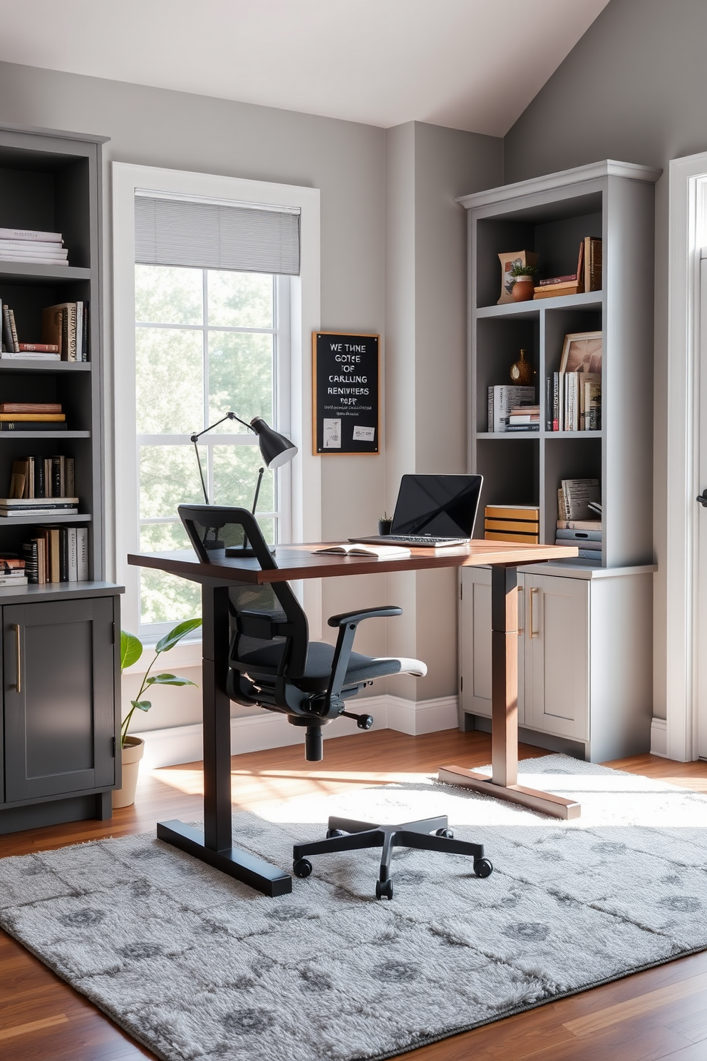 A modern home study room features a sleek standing desk made of dark wood, positioned near a large window that allows natural light to flood the space. Surrounding the desk are built-in shelves filled with books and decorative items, complemented by a comfortable ergonomic chair that can easily transition between sitting and standing. The walls are painted in a soft gray hue, creating a calming atmosphere, while a plush area rug adds warmth underfoot. A potted plant sits in the corner, bringing a touch of nature indoors, and a bulletin board above the desk is adorned with inspiring quotes and reminders.