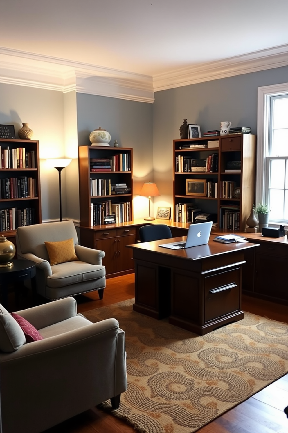 A stylish home study room that maximizes functionality and comfort. The room features built-in shelving units that provide ample storage for books and supplies, creating an organized and inviting workspace. A large wooden desk sits in the center, paired with an ergonomic chair for productivity. Natural light floods the space through a large window, complemented by soft, neutral wall colors and a cozy area rug.