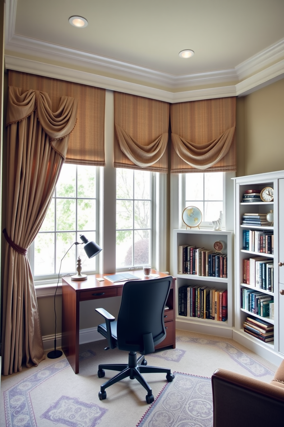 A cozy home study room featuring large windows adorned with elegant curtains that provide both privacy and style. The room is furnished with a sleek wooden desk, a comfortable ergonomic chair, and a built-in bookshelf filled with books and decorative items.