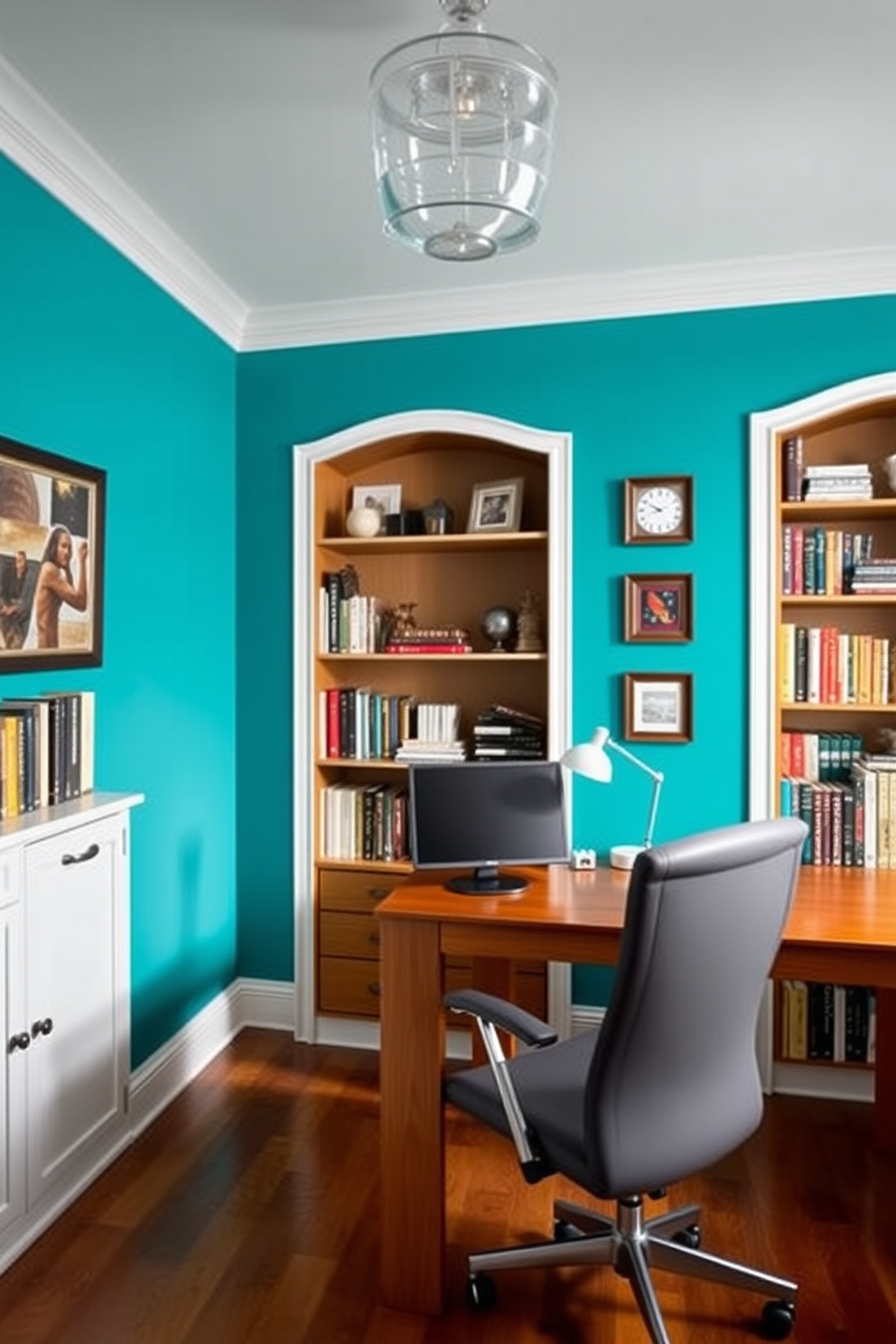 A vibrant home study room featuring a colorful accent wall painted in a bold shade of teal. The room is adorned with a sleek wooden desk, a comfortable ergonomic chair, and bookshelves filled with an array of books and decorative items.