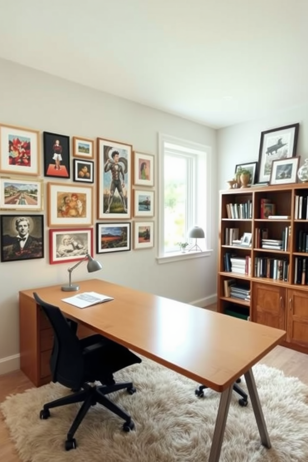 A cozy home study room featuring a gallery wall filled with framed artwork and photographs that inspire creativity. The room includes a sleek wooden desk with a comfortable ergonomic chair, positioned near a large window that allows natural light to flood the space. The walls are painted in a soft neutral tone, complementing the vibrant colors of the artwork. A plush area rug lies beneath the desk, and a bookshelf filled with books and decorative items adds personality to the room.