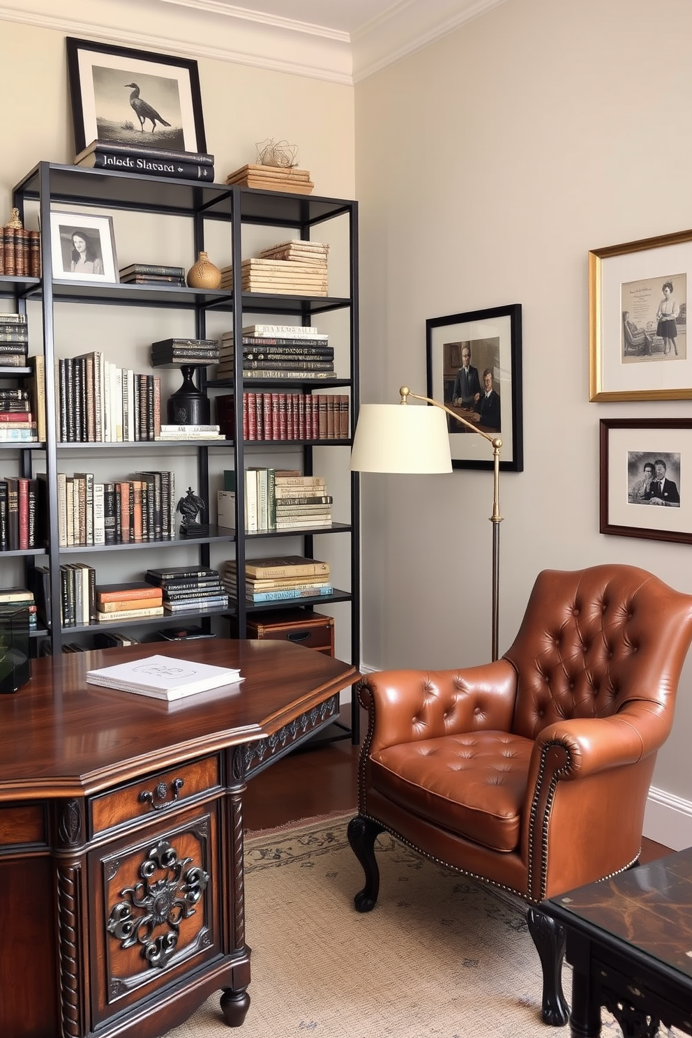 A cozy home study room featuring vintage furniture paired with modern decor elements. A large wooden desk with intricate carvings sits in front of a sleek metal shelving unit filled with books and decorative items. An antique leather armchair is positioned in the corner next to a contemporary floor lamp with a minimalist design. The walls are adorned with framed artwork that blends classic and modern styles, creating a harmonious atmosphere.