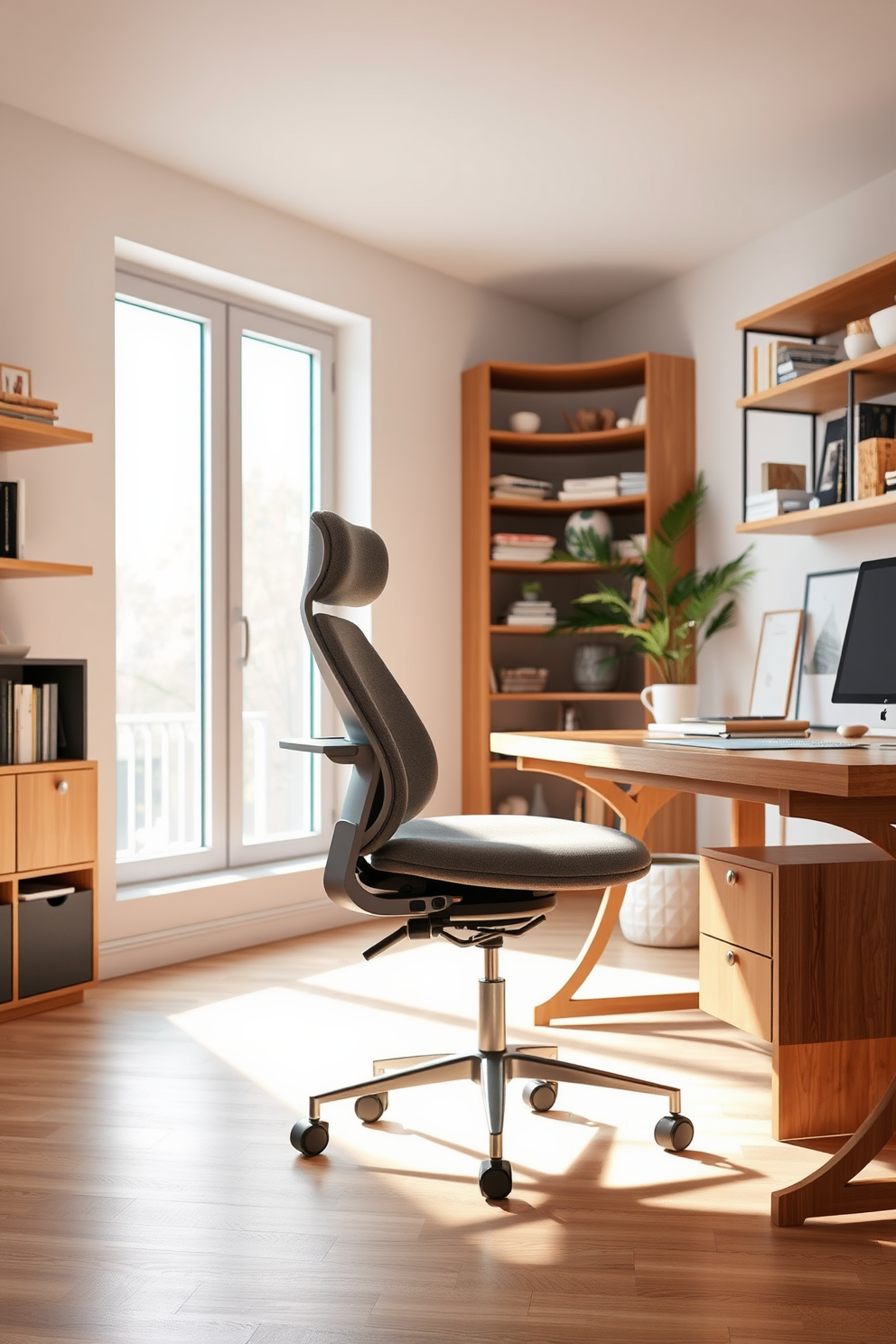 A cozy home study room designed for efficiency. It features built-in shelving along one wall, providing ample storage for books and office supplies. A sleek desk with a comfortable ergonomic chair is positioned near a window, allowing natural light to illuminate the workspace. Soft, neutral colors adorn the walls, creating a calm and inviting atmosphere.