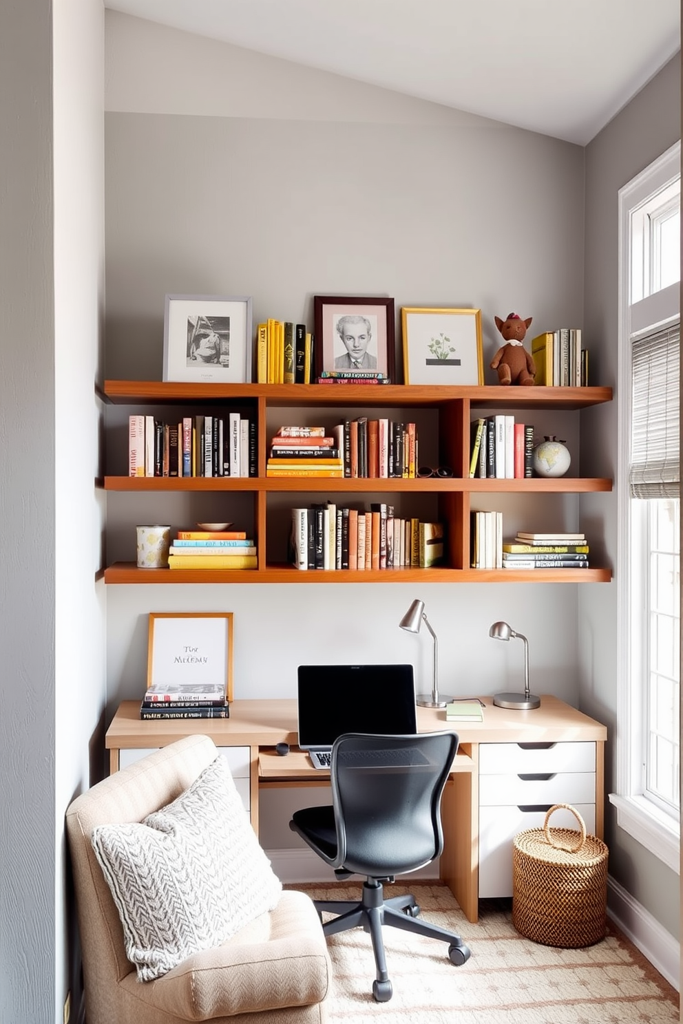 A cozy home study room with floating shelves that showcase a curated collection of books and decorative items. The walls are painted in a soft gray hue, creating a calm atmosphere, while a comfortable desk sits beneath a large window, allowing natural light to flood the space.