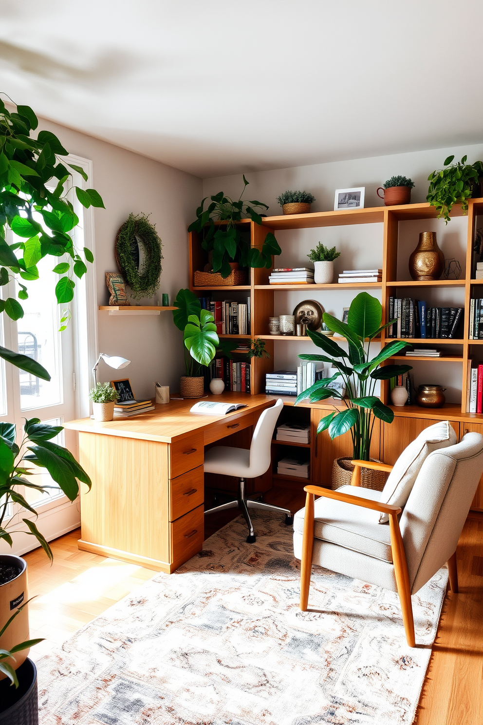 A cozy home study room with a large wooden desk positioned against a window that lets in natural light. Shelves filled with books and decorative items line the walls, and a comfortable armchair is placed in one corner for reading. Lush green plants are strategically placed throughout the room, adding a refreshing touch to the space. A stylish area rug in muted tones anchors the room, complementing the warm wood tones of the furniture.