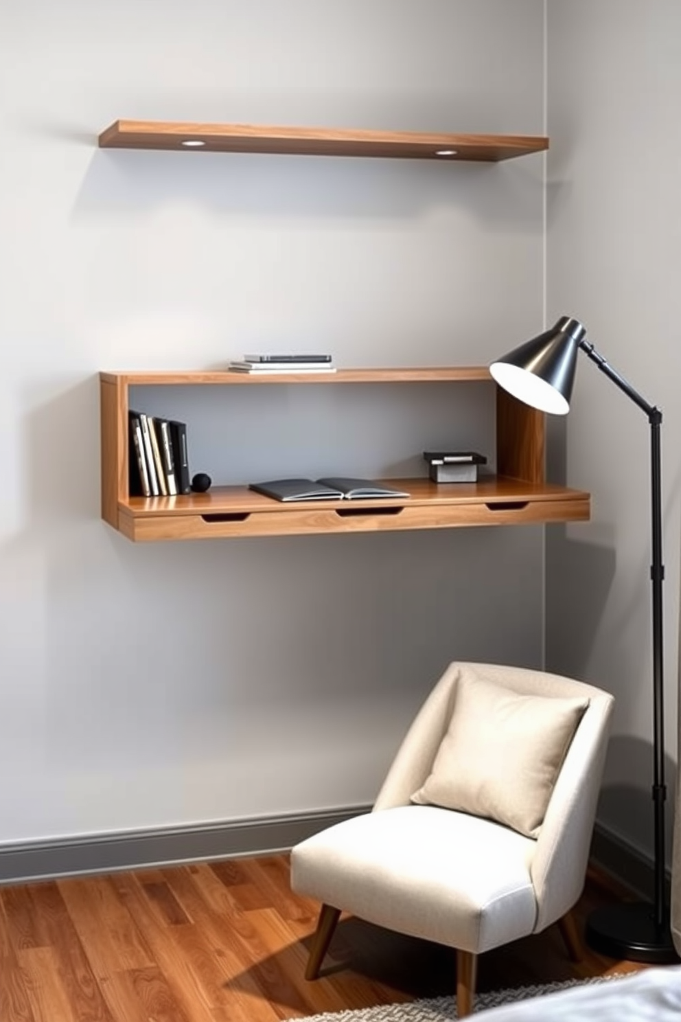 A sleek wall-mounted desk is positioned against a light gray wall, maximizing floor space while providing a functional workspace. The desk features clean lines and a natural wood finish, complemented by stylish floating shelves above for storage and display. In the corner of the room, a cozy reading nook is created with a plush armchair and a small side table. Soft lighting from a modern floor lamp enhances the inviting atmosphere, making it an ideal area for study or relaxation.