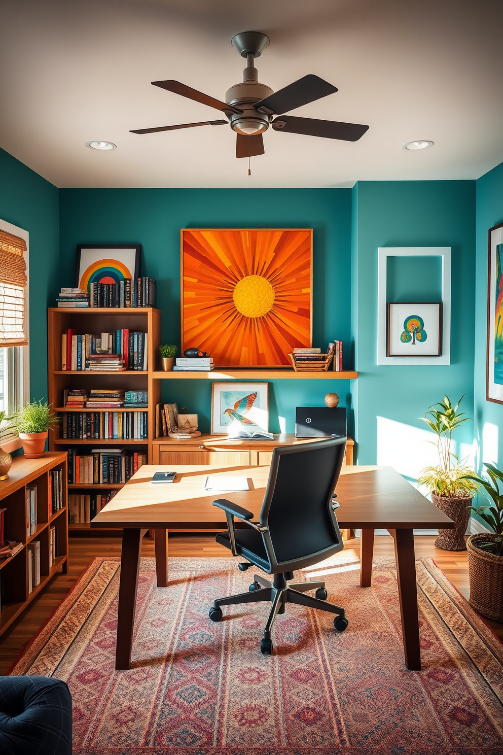 Bright artwork adorns the walls of a cozy home study room, featuring vibrant colors that inspire creativity and focus. A large wooden desk sits in the center, paired with an ergonomic chair, while shelves filled with books and decorative items create an inviting atmosphere.