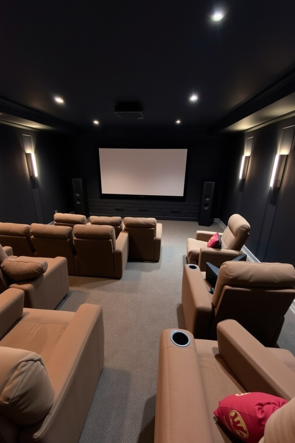 Cozy sectional seating with recliners creates an inviting atmosphere for movie nights. The room features dark walls and soft ambient lighting, enhancing the cinematic experience. A large screen is mounted on the wall opposite the seating arrangement, providing a perfect view. Surround sound speakers are strategically placed to immerse viewers in audio for an engaging experience.