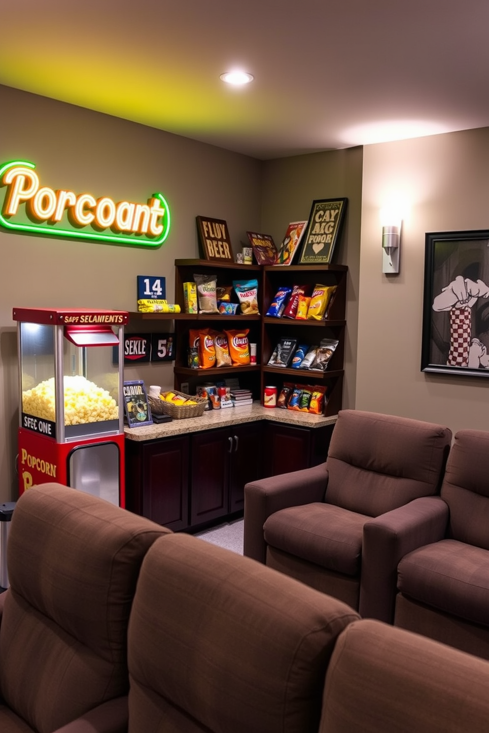 A cozy home theater basement featuring a snack bar with a vintage popcorn machine. The snack bar is adorned with colorful retro signage and shelves filled with various snacks, while plush seating is arranged for optimal viewing comfort.