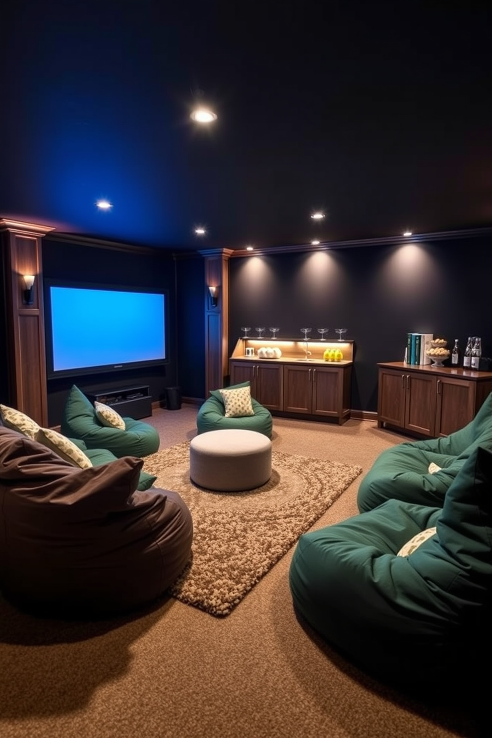 A modern basement home theater featuring plush seating arranged for optimal viewing. The walls are soundproofed with dark acoustic panels and a large screen is mounted on the front wall, complemented by ambient lighting. Incorporating smart home technology for seamless control throughout the space. Automated lighting, climate control, and audio systems allow for a fully integrated entertainment experience.