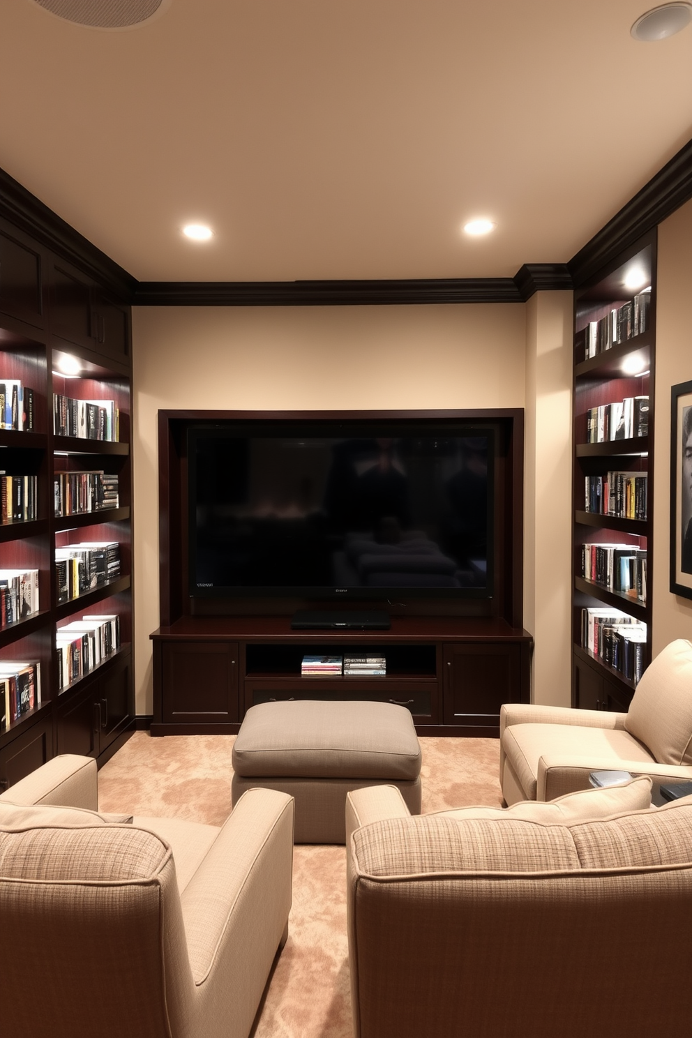 A cozy home theater basement featuring built-in shelves designed for DVD and game storage. The shelves are crafted from dark wood, seamlessly integrated into the wall, and filled with neatly organized media collections. Plush seating is arranged in a semi-circle facing a large screen, providing an inviting space for movie nights. Soft ambient lighting is installed along the shelves, creating a warm and welcoming atmosphere.