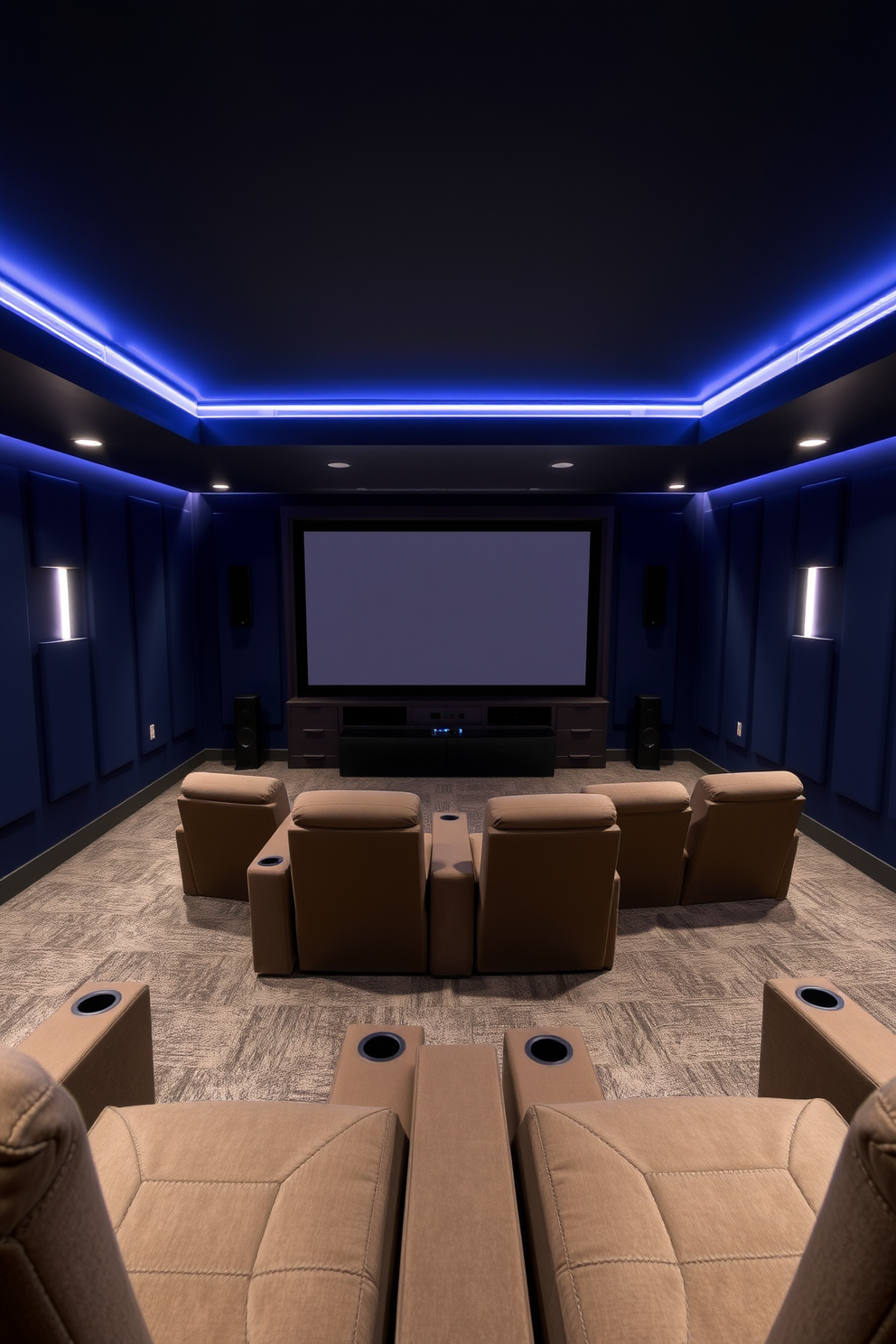 A contemporary basement home theater featuring plush reclining seats arranged in a semi-circle around a large screen. Smart home technology is integrated throughout the space, allowing for seamless control of lighting, sound, and temperature with a single device. The walls are adorned with soundproof panels in a deep navy blue, enhancing the cinematic experience. Ambient LED lighting is installed along the edges of the ceiling, creating a cozy atmosphere for movie nights.