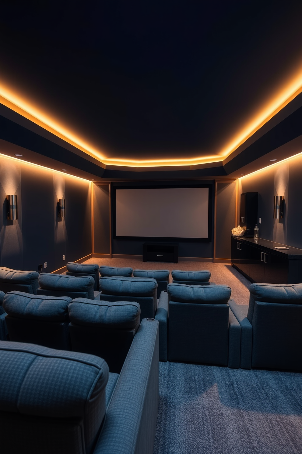 A cozy home theater basement featuring plush seating arranged in a semi-circle facing a large projection screen. Soft ambient lighting is integrated into the ceiling, allowing for adjustable brightness to create an inviting atmosphere for movie nights. The walls are painted a deep navy blue, enhancing the cinematic experience, while soundproof panels are strategically placed for optimal acoustics. A snack bar with a sleek countertop is positioned at the back, stocked with popcorn and beverages for convenience.