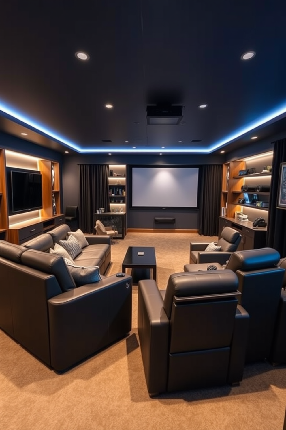 A modern home theater in a basement setting features plush leather recliners arranged for optimal viewing. The walls are painted in a deep navy blue, and LED strip lights are installed along the ceiling and baseboards to create a cozy ambiance. The screen is a large, high-definition display with surround sound speakers strategically placed for immersive audio. A sleek coffee table sits in front of the seating area, adorned with snacks and drinks for an enjoyable movie night experience.