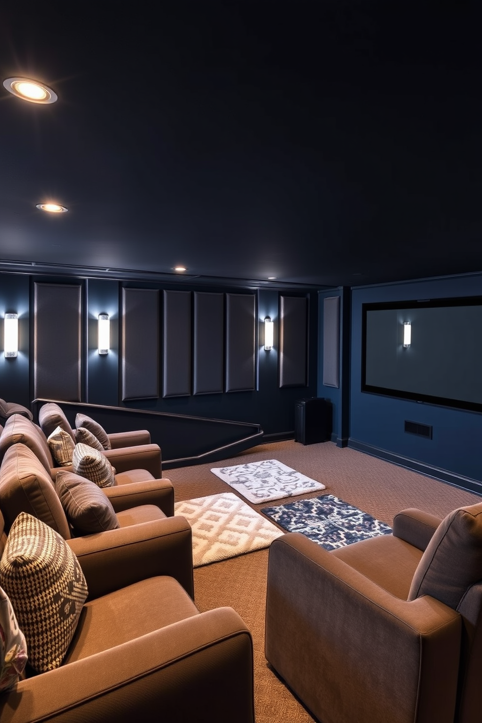 A cozy home theater basement featuring plush seating arranged in a tiered layout. The walls are painted a deep navy blue, with acoustic panels enhancing sound quality and a large screen mounted for an immersive viewing experience. Soft area rugs are strategically placed to add warmth and comfort underfoot, complementing the overall design. Ambient lighting fixtures are installed to create a relaxed atmosphere, while decorative elements reflect personal style.