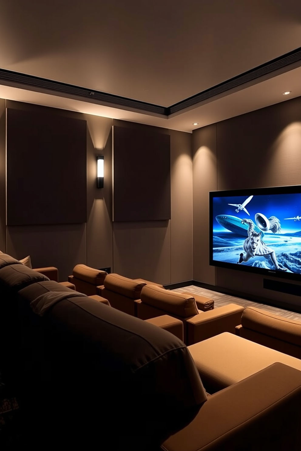 A modern home theater setup featuring wall-mounted speakers seamlessly integrated into the design. The space is dimly lit with plush seating arranged for optimal viewing of a large screen, creating an immersive cinematic experience.