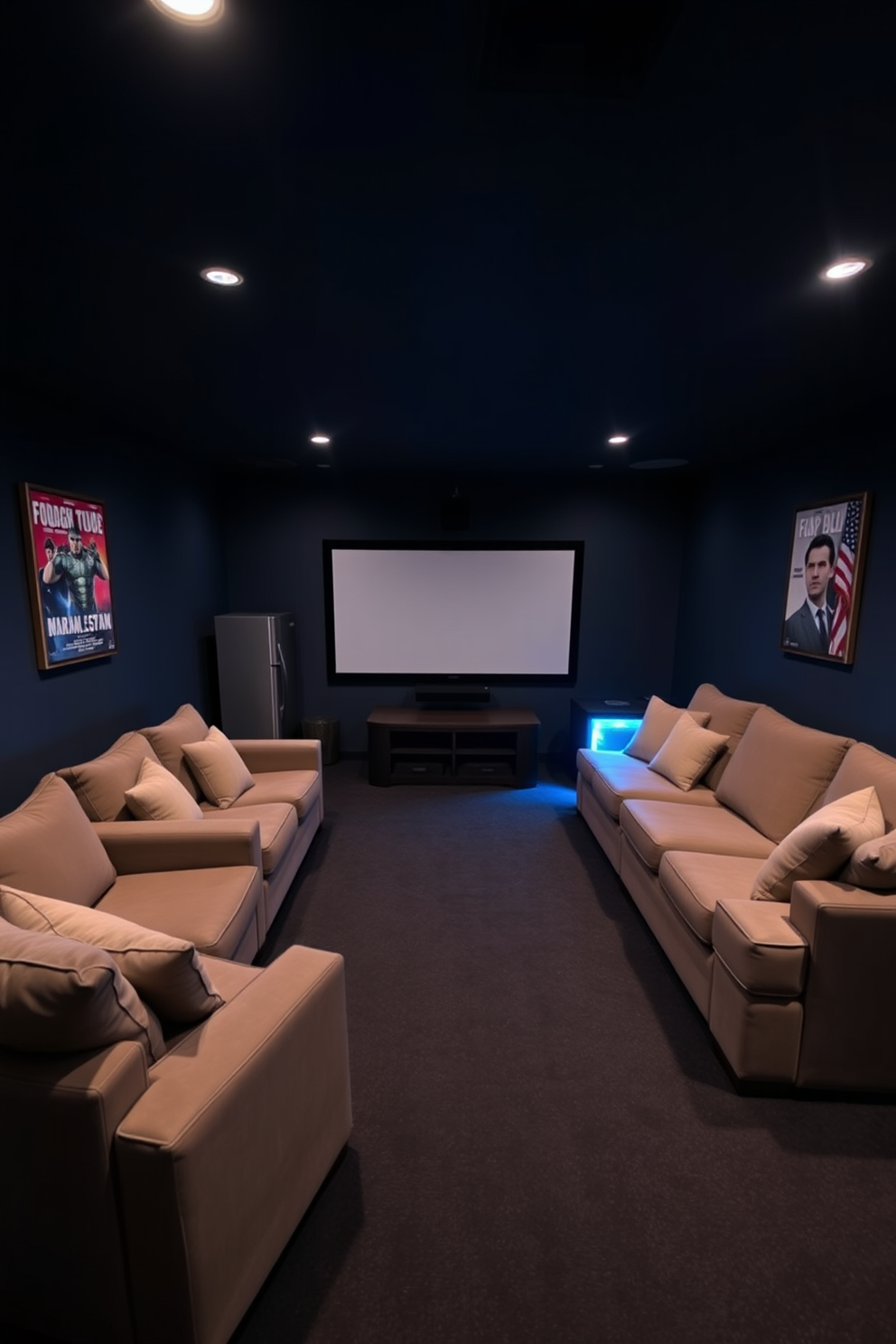 A cozy home theater setup in the basement featuring a large sectional sofa with plush cushions arranged in a semi-circle facing a big screen. Soft ambient lighting highlights the walls, which are painted in a deep navy blue, creating an inviting atmosphere for movie nights. Adjacent to the seating area, a sleek mini fridge is conveniently placed for cold beverages, blending seamlessly with the overall design. The flooring is covered with a thick, dark carpet that enhances sound quality and comfort, while framed movie posters decorate the walls for a personal touch.