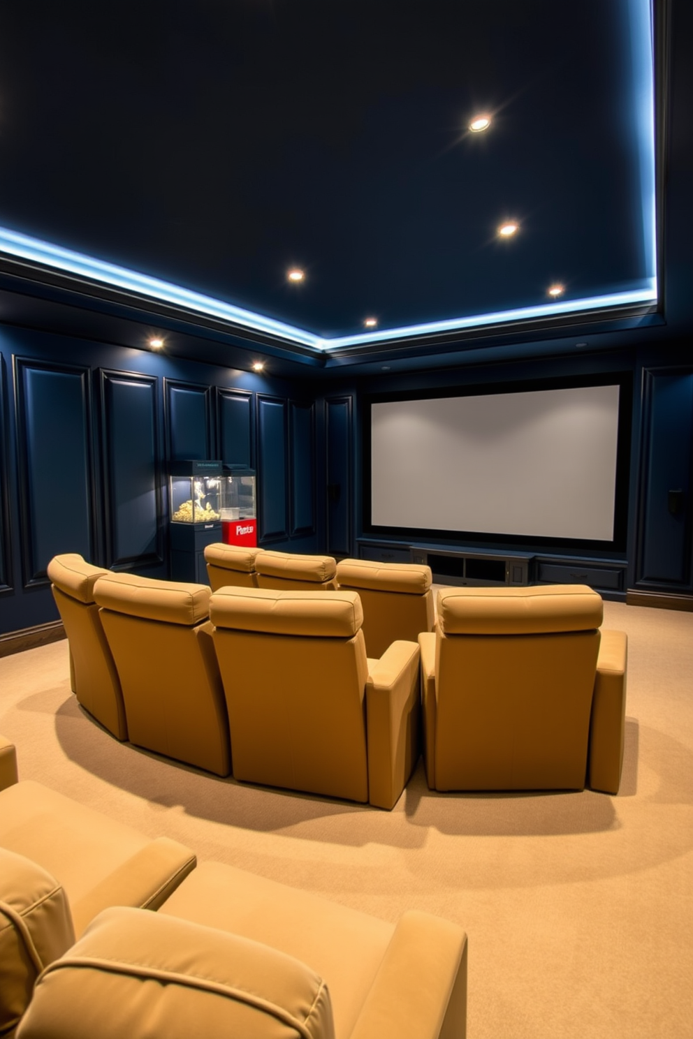 A cozy home theater basement designed for optimal sound quality. The walls are lined with stylish acoustic panels in deep blue, creating a cinematic atmosphere. Plush seating is arranged in a tiered layout, ensuring every guest has a perfect view of the large screen. Soft ambient lighting highlights the acoustic panels, enhancing both aesthetics and functionality.