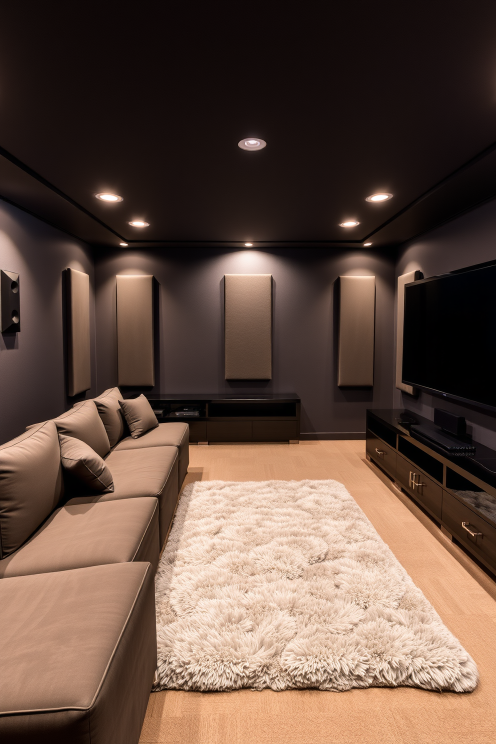 A large screen dominates the wall of the home theater, creating an impressive display for movie nights. Plush seating in rich, dark fabrics is arranged in a tiered layout to enhance the viewing experience. The walls are painted in a deep navy blue, providing a cozy and immersive atmosphere. Soft lighting is integrated into the design, with recessed lights and sconces that add warmth without distracting from the screen.