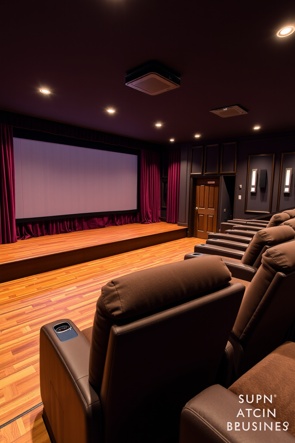 A dedicated stage for live performances features a polished wooden floor with soft, adjustable lighting that creates an inviting atmosphere. The backdrop consists of rich velvet curtains that can be drawn to reveal a large screen for multimedia presentations. The home theater basement design includes plush reclining seats arranged in a tiered layout for optimal viewing. Walls are treated with soundproofing panels in dark hues, and a state-of-the-art sound system enhances the immersive experience.