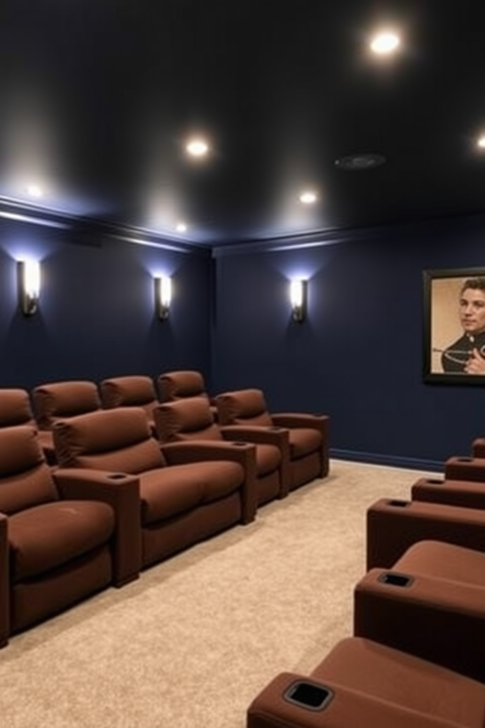 A cozy home theater in the basement with plush seating arranged in a tiered layout. The walls are painted a deep navy blue, and the ceiling features recessed lighting with dimmer switches to create the perfect ambiance for movie nights.