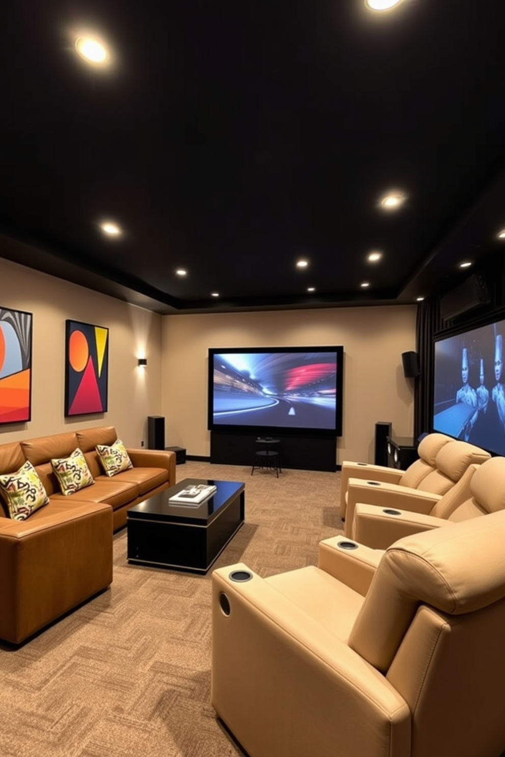 A modern home theater in a basement featuring hidden speakers seamlessly integrated into the ceiling for a clean aesthetic. The space includes plush seating arranged for optimal viewing, with ambient lighting that enhances the cinematic experience.