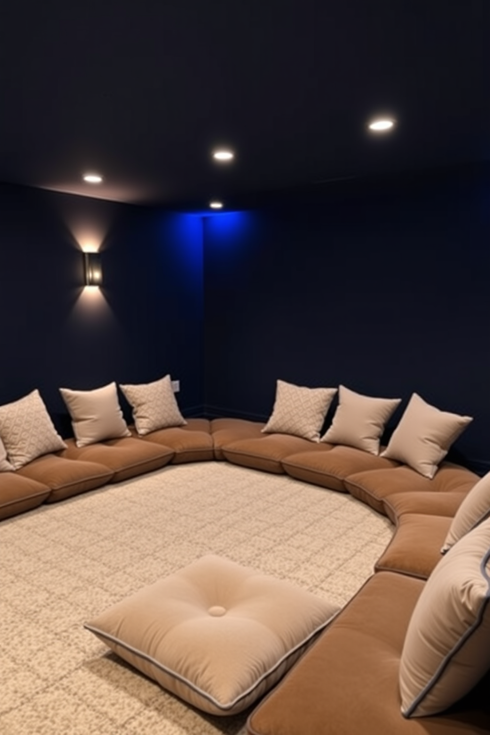 A cozy home theater basement featuring plush floor cushions arranged in a semi-circle for additional seating options. The walls are painted in a deep navy blue, and soft ambient lighting creates a warm and inviting atmosphere.