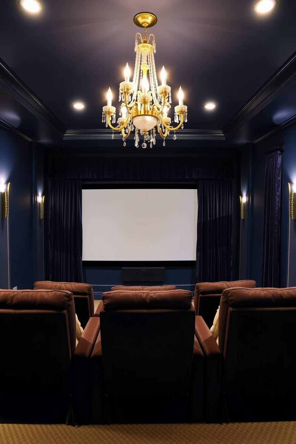 A cozy home theater basement designed for year-round comfort features plush seating arranged in a tiered layout. The walls are soundproofed and painted in a deep navy blue, with dimmable recessed lighting creating an inviting atmosphere. A state-of-the-art temperature control system ensures a consistent climate, allowing for a comfortable viewing experience regardless of the season. Large blackout curtains frame the windows, enhancing the cinematic feel while providing additional insulation.