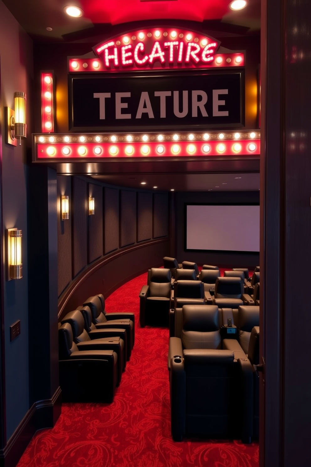 A personalized theater marquee welcomes guests with a vibrant display of lights and custom lettering. The entrance features plush carpeting and elegant wall sconces that create a warm and inviting atmosphere. The home theater basement is designed with tiered seating for optimal viewing, each equipped with luxurious recliners. Dark acoustical panels line the walls, enhancing sound quality while a large screen dominates the front of the room.