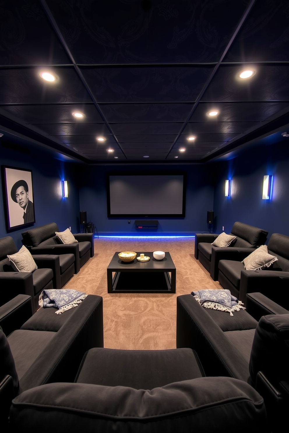 A luxurious home theater in the basement featuring plush velvet seating arranged in a tiered layout for optimal viewing. The walls are soundproofed with dark acoustic panels, and a large projection screen dominates the front wall, complemented by ambient LED lighting. An integrated sound system is seamlessly installed throughout the space, providing a cinematic experience with surround sound capabilities. Decorative elements include a sleek bar area stocked with refreshments and stylish movie posters framed on the walls.