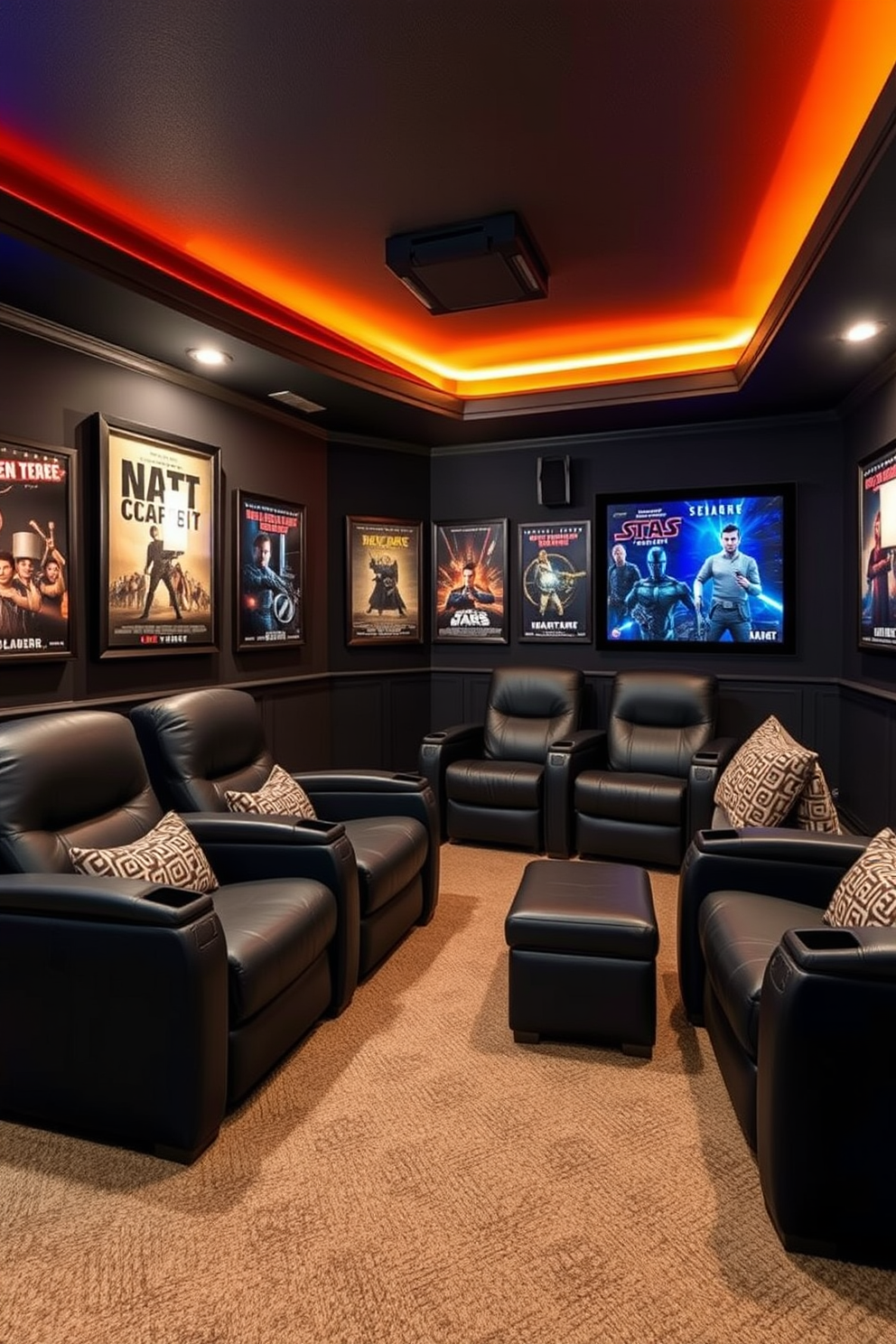 A cozy home theater basement designed with themed seating inspired by classic movie genres. Each seating area is uniquely styled to reflect different genres, such as a vintage cinema vibe for classic films and sleek modern lines for sci-fi adventures. The walls are adorned with movie posters and ambient lighting that changes according to the genre being showcased. Plush carpets and soundproofing enhance the experience, creating an inviting atmosphere for movie nights.