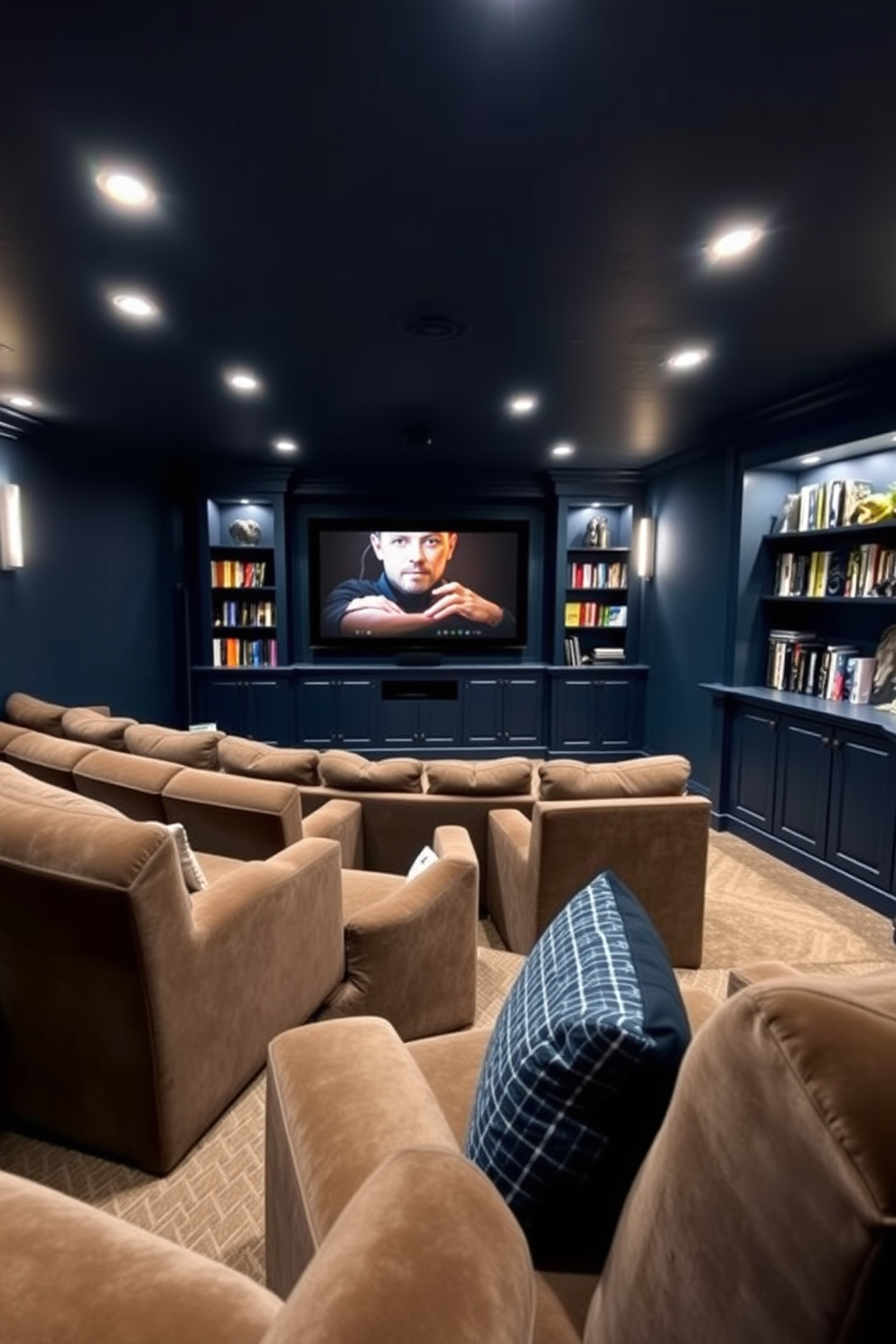 A cozy home theater in a basement with plush seating arranged in a tiered layout. The walls are painted a deep navy blue, and a large screen is mounted on the front wall, flanked by built-in shelves filled with movies and decor. Recessed lighting is strategically placed in the ceiling to provide subtle illumination, enhancing the cinematic experience without distracting from the screen. Soft, dimmable lights create an inviting atmosphere, perfect for movie nights with family and friends.