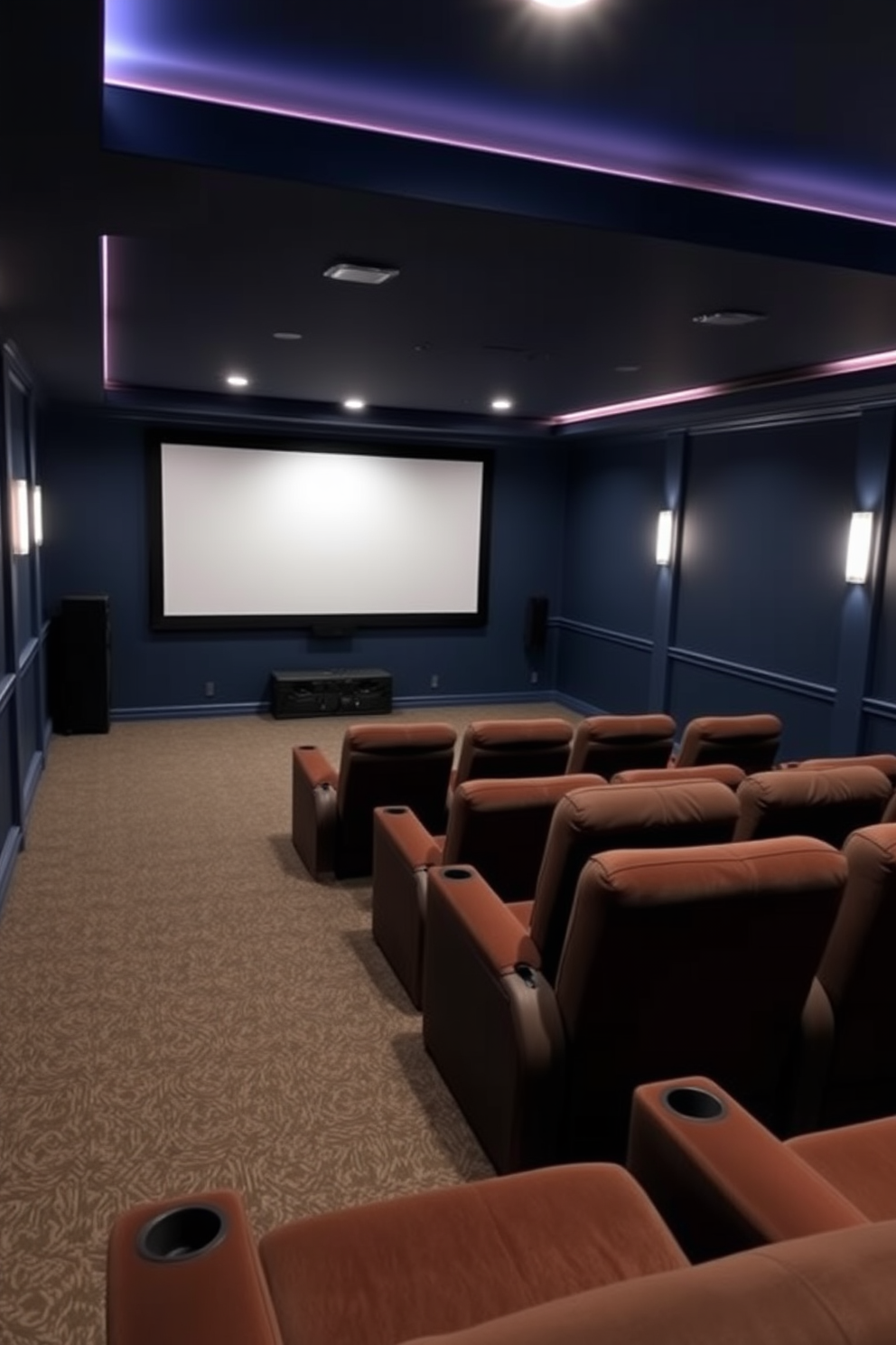 A cozy home theater setting with a wall-mounted projector that seamlessly integrates into the design. Plush seating options are arranged in a tiered layout, enhancing the viewing experience while maximizing floor space. The walls are painted in a deep navy blue, creating a cinematic atmosphere. Soft LED strip lighting outlines the edges of the ceiling, providing a warm glow without distracting from the screen.