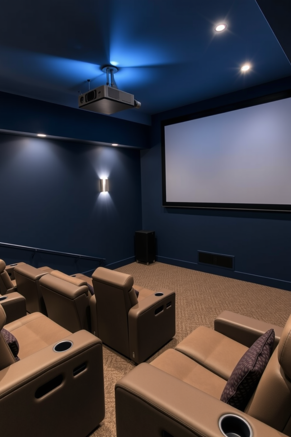 A cozy home theater basement featuring plush seating arranged in a semi-circle around a large projection screen. The walls are painted a deep navy blue, and blackout curtains are drawn to ensure complete light control during movie nights. Soft ambient lighting highlights the space, with LED strips under the seating and wall sconces providing a warm glow. A popcorn machine sits in the corner, adding a touch of nostalgia and convenience for an authentic movie experience.