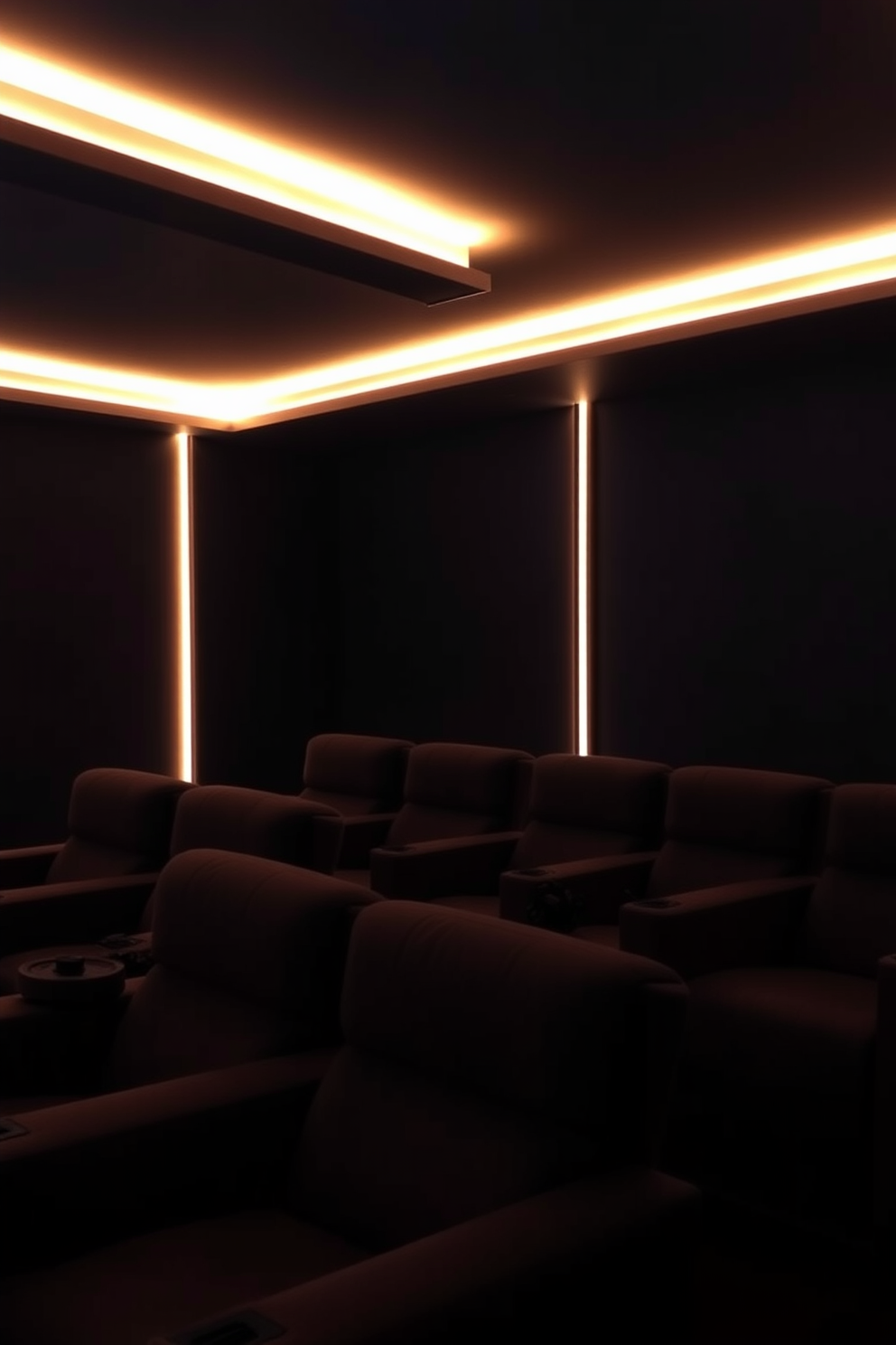 A cozy home theater setting with LED strip lighting creating a warm ambiance. The room features plush seating arranged for optimal viewing, with dark walls to enhance the cinematic experience.