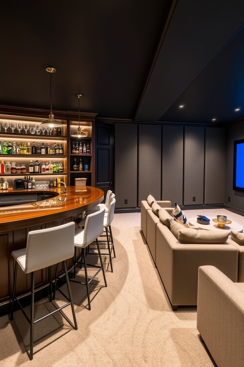 A stylish bar area featuring sleek stools arranged around a polished wooden counter. The space is illuminated by pendant lights, with shelves stocked with an array of spirits and glassware. A cozy home theater designed in a basement setting, showcasing plush seating and a large screen. The walls are adorned with soundproof panels, and soft ambient lighting creates an inviting atmosphere for movie nights.