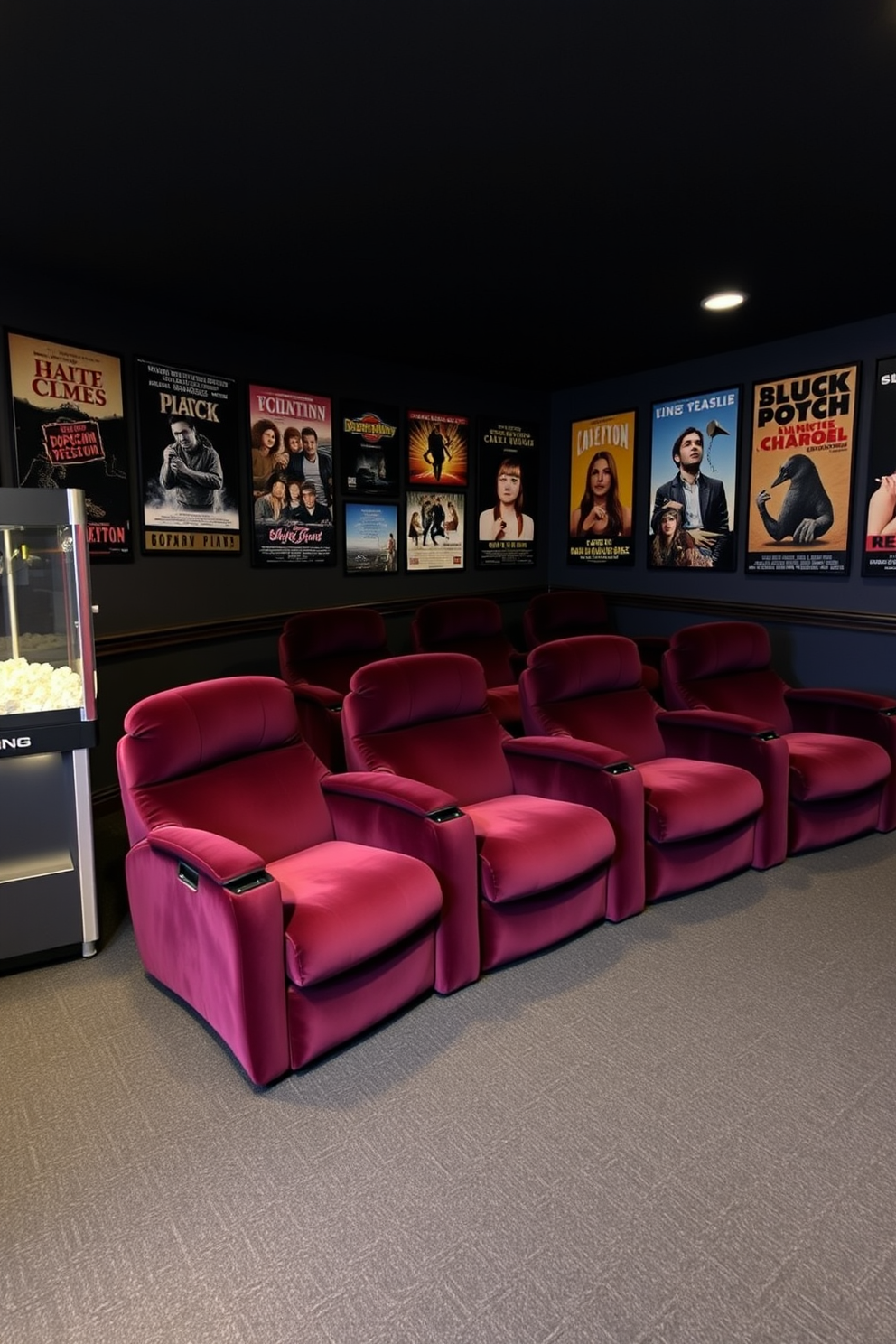 A cozy home theater basement featuring plush seating arranged in a semi-circle facing a large projector screen. The walls are adorned with vintage movie posters in classic frames, creating a nostalgic atmosphere that invites movie nights with family and friends. Soft ambient lighting highlights the decor while maintaining a warm and inviting feel. A popcorn machine sits in the corner, and a small bar area is equipped with vintage glassware for a complete cinematic experience.