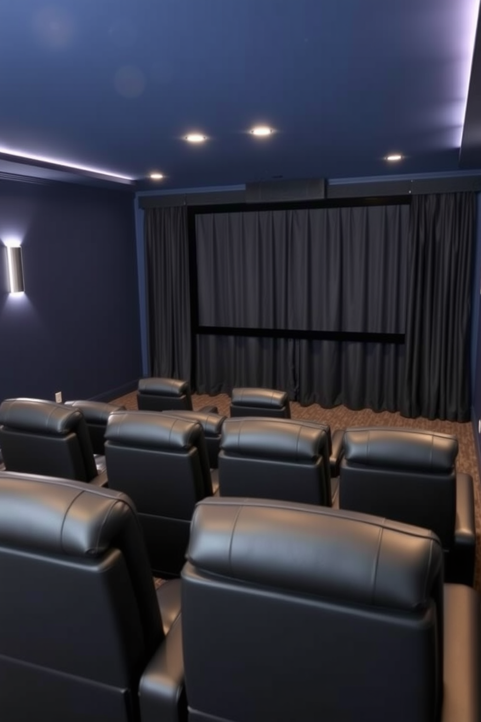 A cozy home theater basement designed with dark paint colors creates an immersive viewing experience. Plush seating arranged in a tiered layout faces a large screen, while soft lighting highlights the rich textures of the walls.