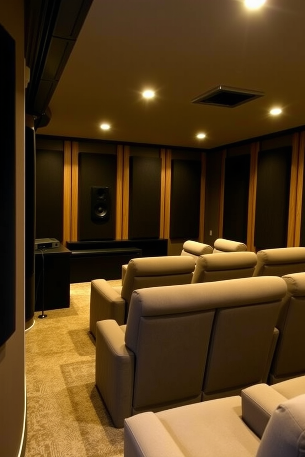 A cozy home theater in the basement featuring a state-of-the-art surround sound system for immersive audio. The room includes plush seating arranged for optimal viewing, with dark acoustic panels on the walls to enhance sound quality.