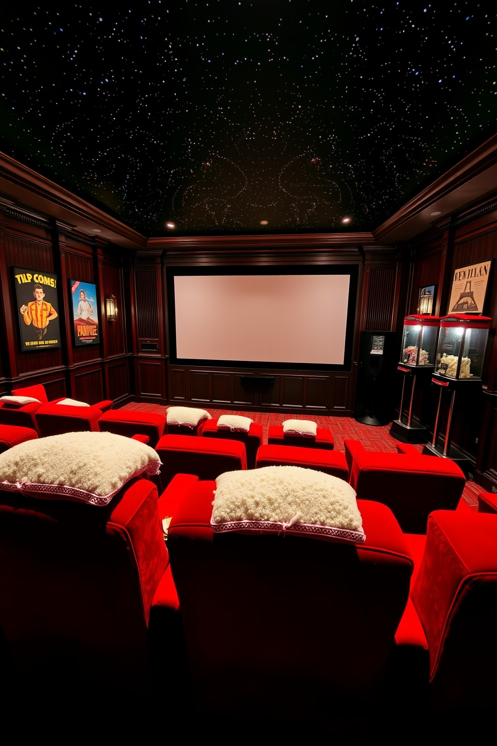 A cozy home theater designed with a vintage cinema theme. Plush red velvet seating is arranged in a tiered layout, with a large screen framed by classic movie posters on the walls. Soft ambient lighting creates a warm atmosphere, while popcorn machines and candy dispensers add a touch of nostalgia. Dark wood paneling surrounds the room, and a starry ceiling mural enhances the cinematic experience.