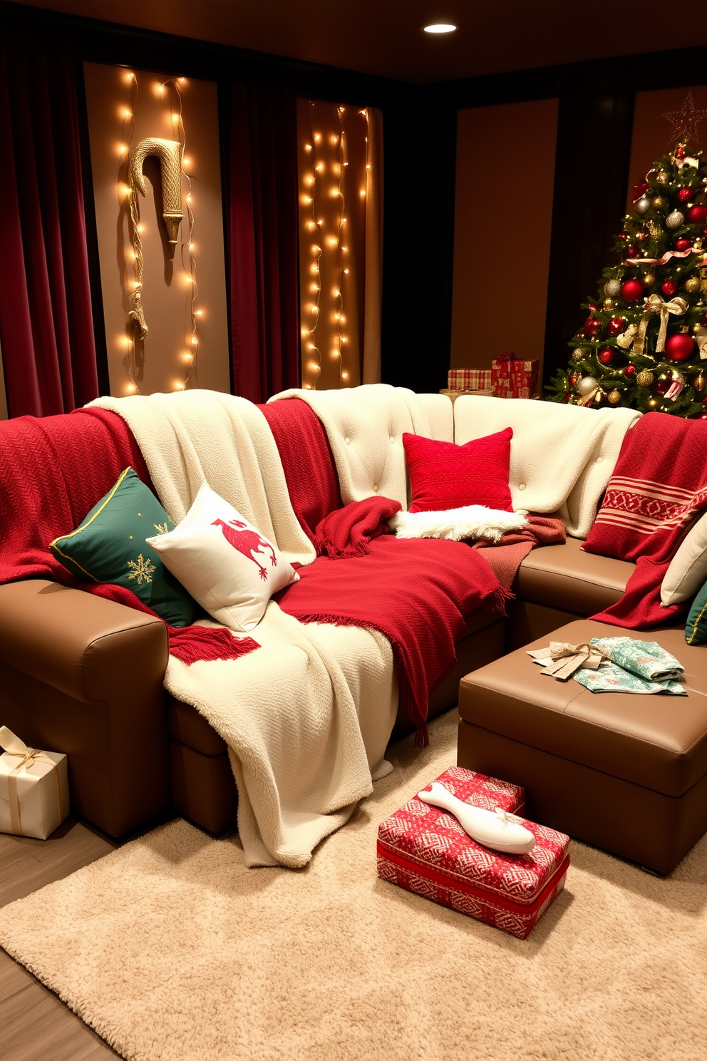 A cozy home theater setting adorned with soft, plush blankets draped over a large sectional sofa. Festive throw pillows in vibrant colors and patterns are scattered across the seating, creating a warm and inviting atmosphere for holiday movie nights. The walls are adorned with twinkling string lights, casting a gentle glow throughout the room. A beautifully decorated Christmas tree stands in one corner, surrounded by wrapped gifts and a soft area rug underfoot.