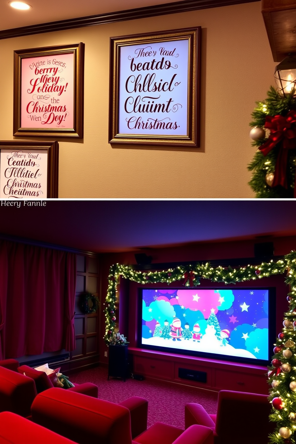 Festive wall art featuring holiday quotes adorns the walls, creating a warm and inviting atmosphere. The art pieces are framed in elegant wood, with colors that complement the overall decor. The home theater is transformed into a Christmas wonderland with twinkling fairy lights and plush red seating. A large screen displays classic holiday movies, while decorative garlands and ornaments add a festive touch.