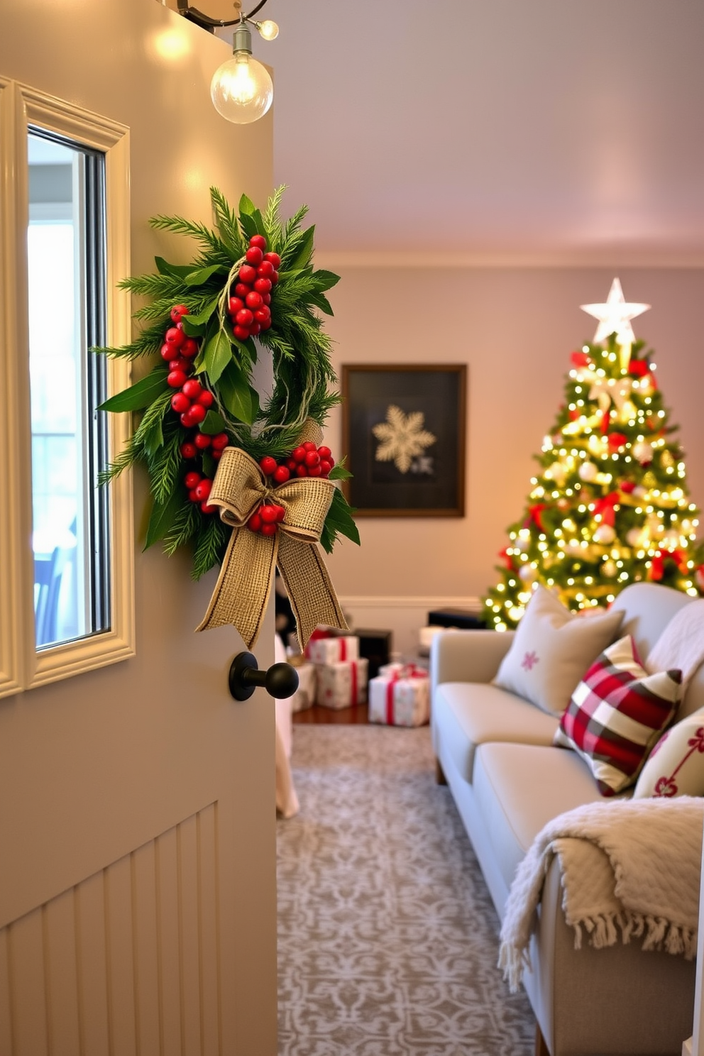 A charming DIY wreath adorns the entrance door, crafted from fresh greenery and accented with vibrant red berries and a rustic burlap bow. The warm glow of string lights enhances the welcoming atmosphere, inviting guests into the festive home. The home theater is transformed into a cozy Christmas retreat, featuring plush seating draped with soft blankets and festive pillows. A beautifully decorated Christmas tree stands in the corner, surrounded by wrapped gifts and twinkling lights that create a magical holiday ambiance.