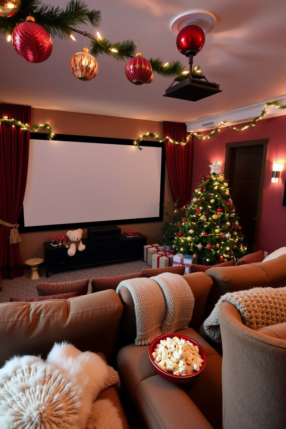 A cozy home theater adorned with vintage Christmas ornaments creates a festive atmosphere. Plush seating is arranged for optimal viewing, with twinkling lights draped around the screen for a warm glow. Classic Christmas decorations hang from the ceiling, featuring colorful vintage ornaments that evoke nostalgia. A beautifully decorated tree stands in the corner, surrounded by soft blankets and popcorn bowls for a perfect holiday movie night.