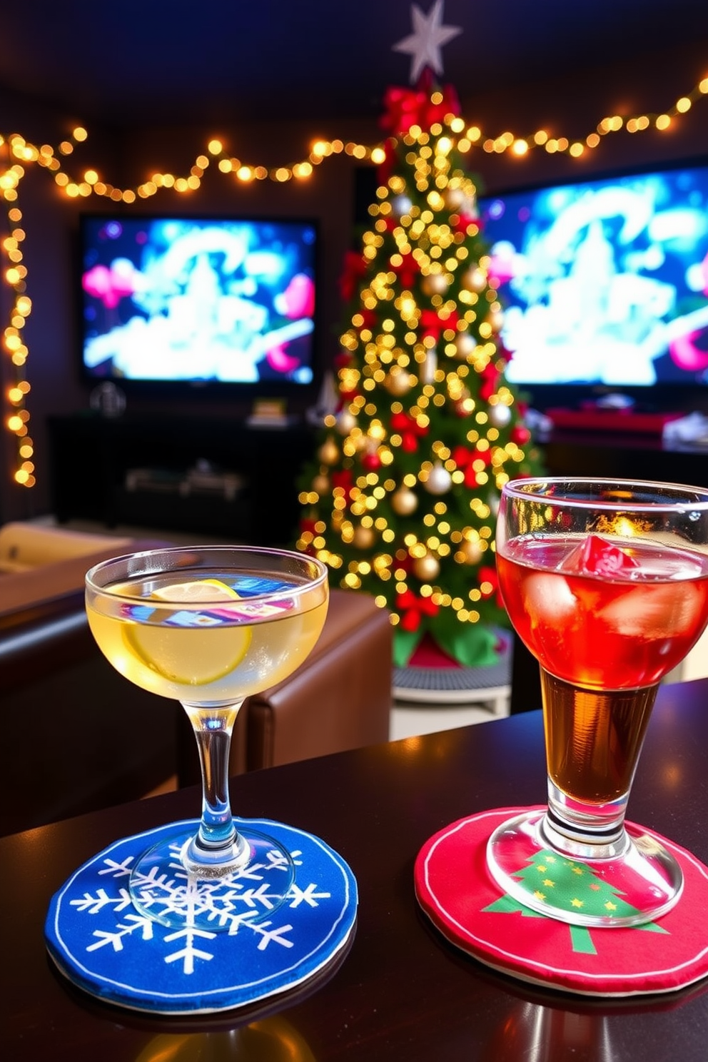 Holiday themed coasters for drinks. The coasters feature festive designs including snowflakes and Christmas trees in vibrant colors. Home theater Christmas decorating ideas. The space is adorned with string lights and a large Christmas tree, creating a cozy and inviting atmosphere for movie nights.