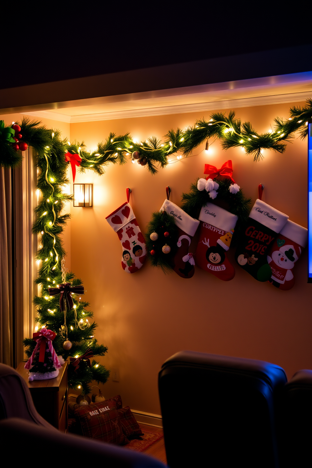 A festive drink station featuring a wooden bar cart adorned with seasonal drinks in colorful glassware. String lights twinkle above, and a small evergreen tree decorated with ornaments stands nearby. A cozy home theater setup designed for Christmas movie nights. Plush seating is arranged around a large screen, and festive decorations like garlands and stockings add holiday cheer.