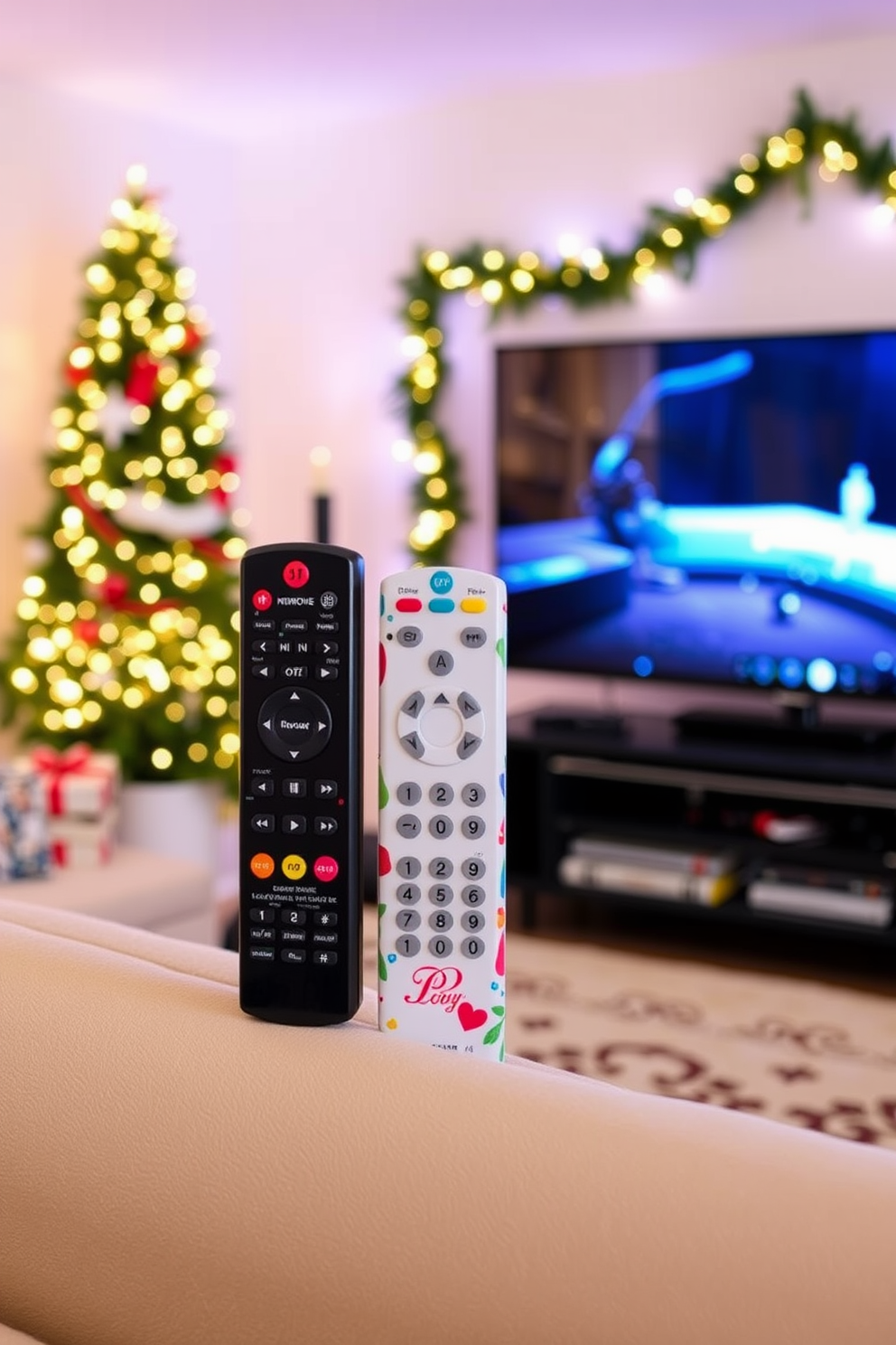 A cozy DIY holiday-themed photo booth area features a backdrop of twinkling fairy lights and festive garlands. In front of the backdrop, a collection of colorful props such as reindeer antlers and Santa hats are arranged on a rustic wooden table. For the home theater, create a warm and inviting atmosphere with plush seating and soft throw blankets. Adorn the space with Christmas decorations, including a beautifully lit tree and garlands draped along the walls.