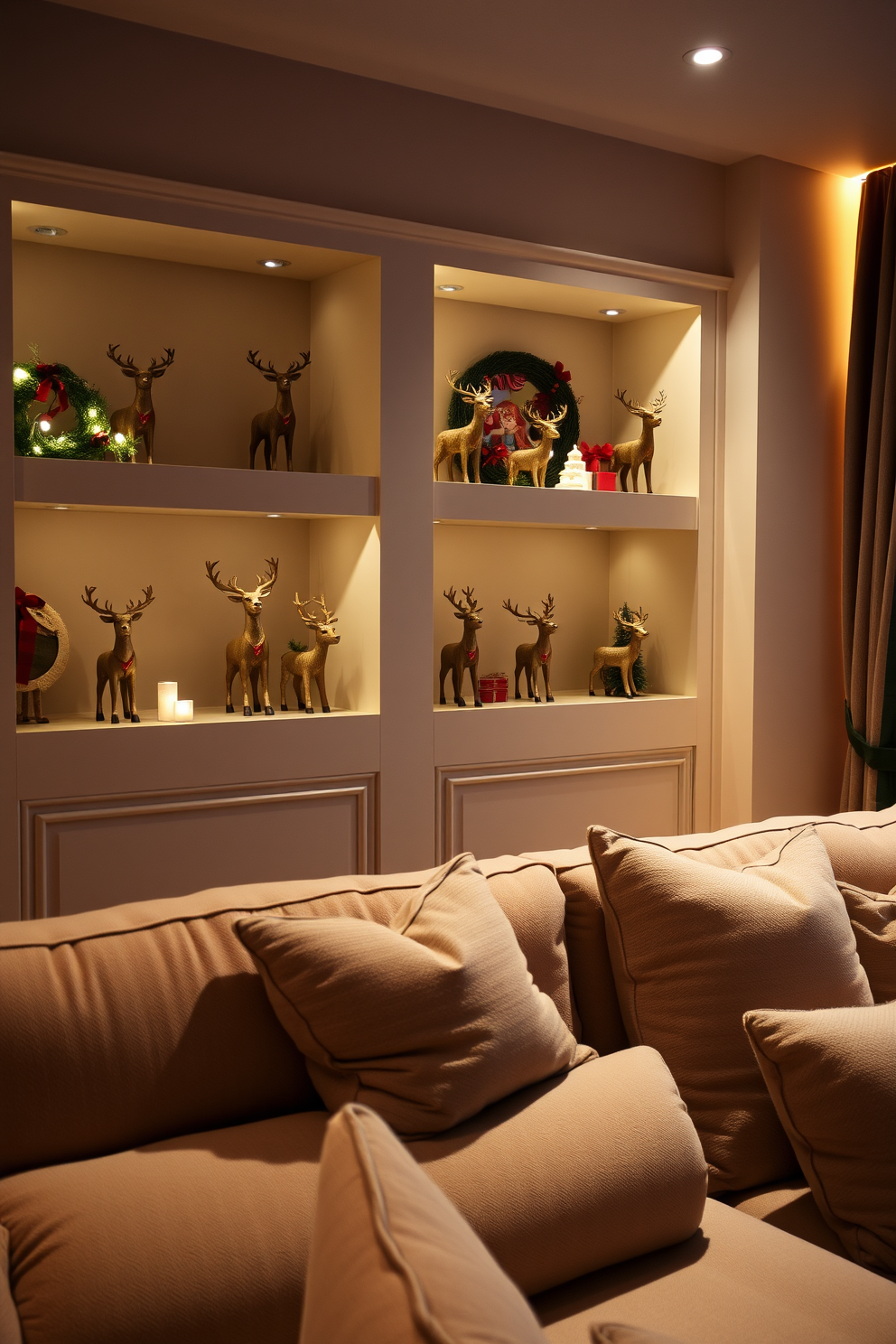 A cozy home theater decorated for Christmas. Plush seating is arranged in front of a large screen, with colorful Christmas stockings hung from the armrests.